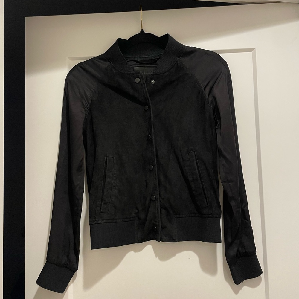 AllSaints 00/XXS Suede Leather Black ‘Collision’ Bomber Jacket